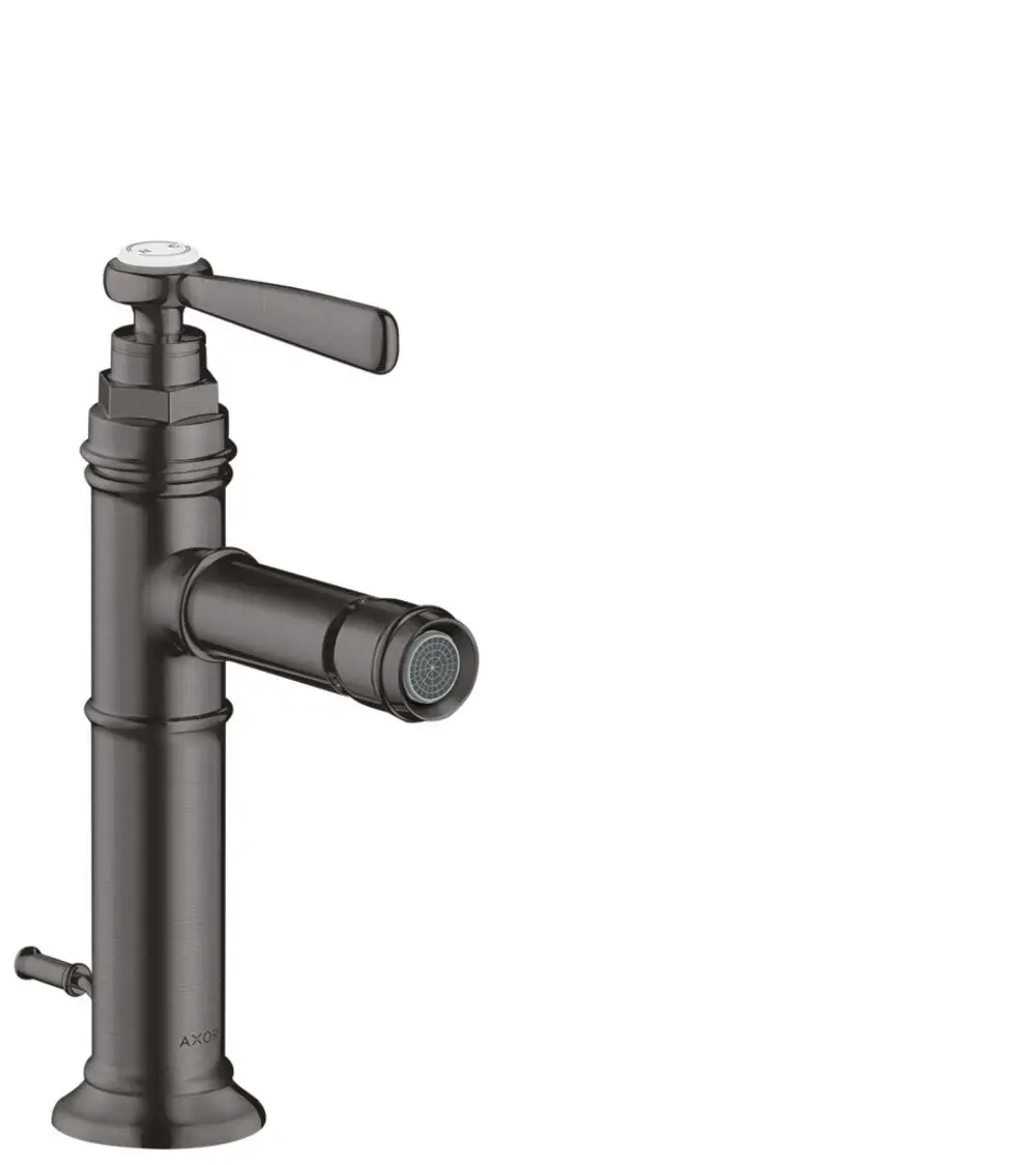 Einhebel-Bidetmischer von AXOR mit einem Hebelgriff und einer Zugstangen-Ablaufgarnitur in brushed black chrome.